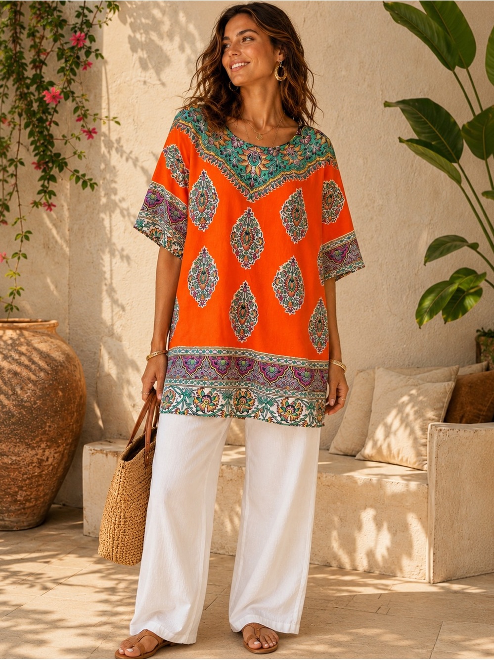 Boho Resort Tunic Top Orange Paisley Mediterranean Oversized